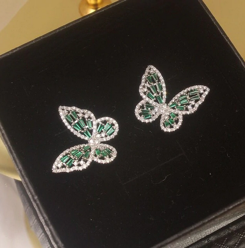 Boucles D'oreilles Papillon Argenté Avec Strass Turquoise - Neuf Sans Emballage