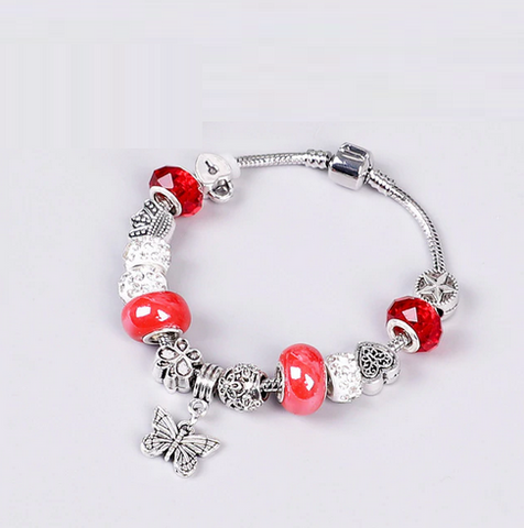 bracelet argent papillon perle rouge