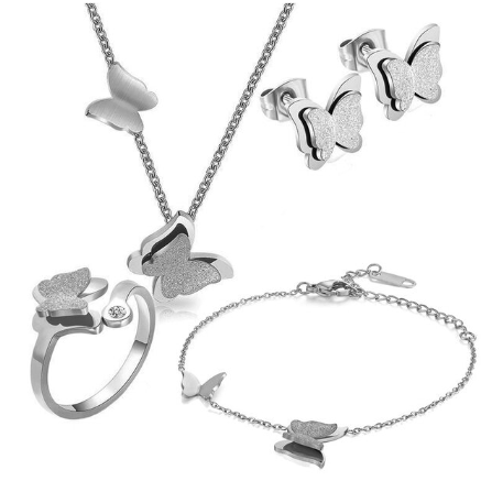 Parure De Bijoux Papillon – Collier + Boucles D’oreilles Perle Et Cristal Blanc (rhodié)