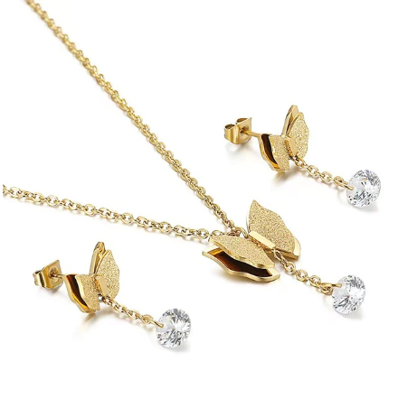 Set De Bijoux Papillon En Acier Doré - 3 Pièces (Collier, Boucles D'Oreilles, Pendentif) - Neuf Avec Étiquettes