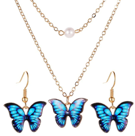 collier et boucles d oreilles papillon bleu