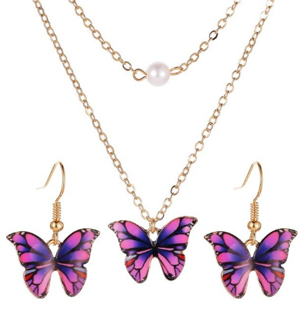 double collier pendentif papillon et boucles d oreilles violet parme original