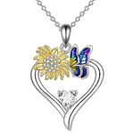 collier argent coeur avec papillon et fleur zircon