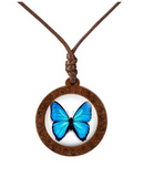 collier papillon bleu en bois